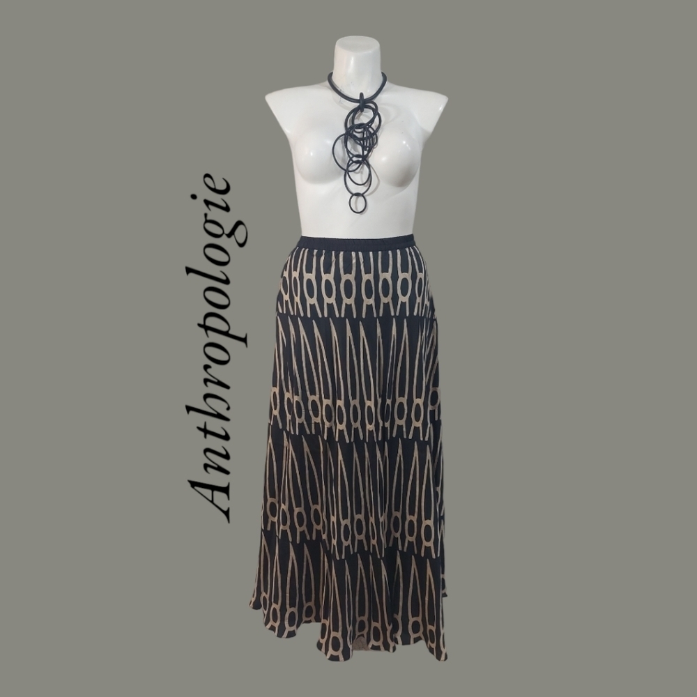 Anupama Women's Large Black Beige Geometric Print Maxi Skirt Boho Elastic Waist - Picture 2 of 13